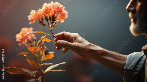 Man's hand reaching out to pluck a carnation flower, dianthus caryophyllus for older man with beard photo