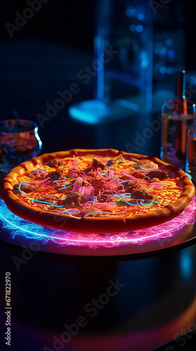 A Cyberpunk Pizza on a Neon Lit Platter
