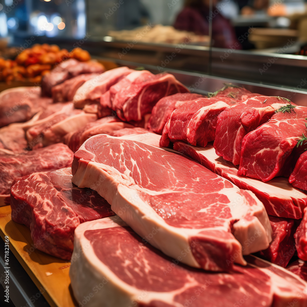 Meat counter of a grocery store, variety of fresh raw red meat in the supermarket, meat counter of a grocery store