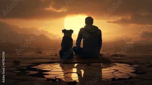 A lonely man sits with his dog at evening. He relax his mind on leisure time  