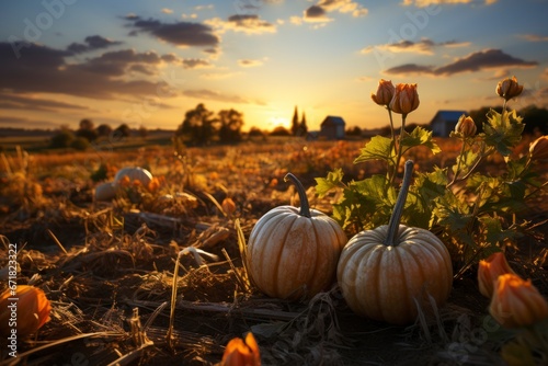 Pumpkin patch on sunny Autumn day. Beautiful fall scene. photo