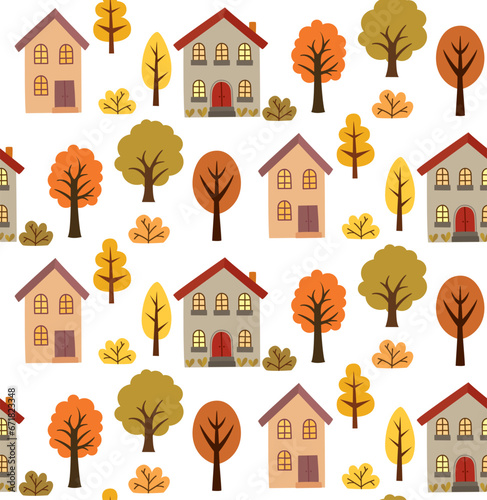 Seamless pattern with simple flat autumn trees and cute buildings. Vector fall backdrop.	