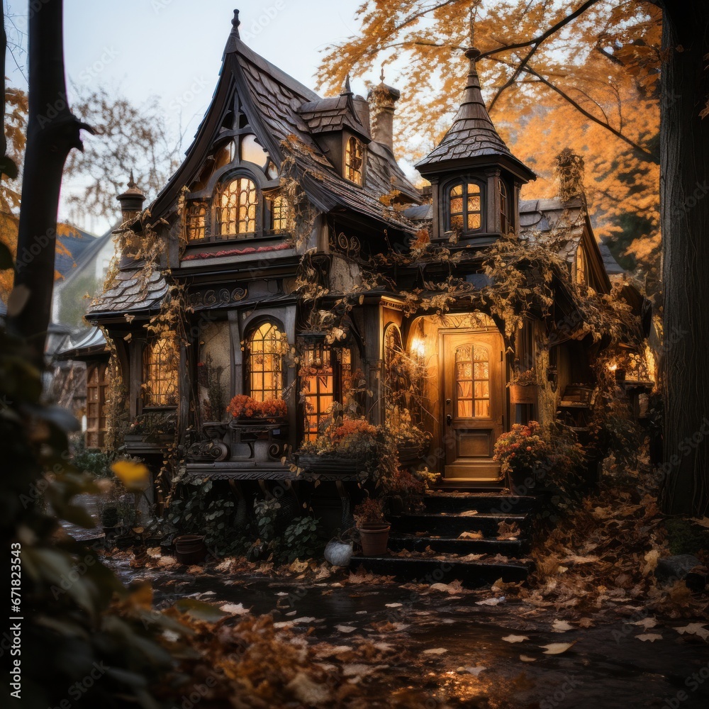Fototapeta premium Wooden house in the middle of the forest with lights on inside, autumn vibes