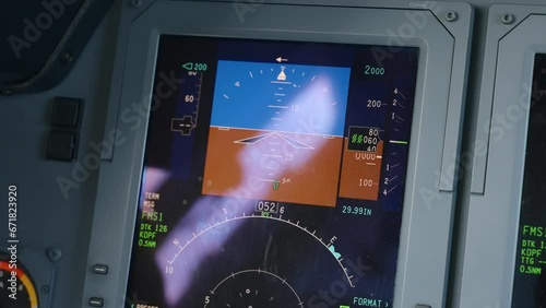 Boom up shot of pilot's primary flight display inside luxurious jet Hawker 750. PFD replacing artificial horzon while showing calibrated airspeed, altitude, heading, and yaw