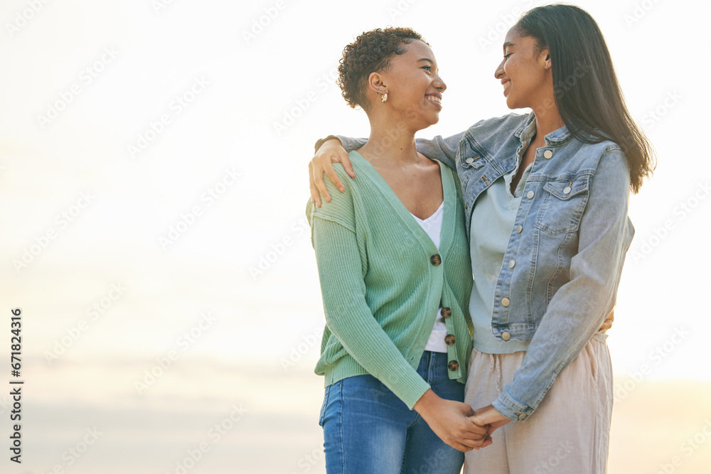 Love, beach and mockup, lesbian couple hug and holding hands together on sunset holiday adventure. Lgbt women, bonding and relax on ocean vacation with romantic date, pride and happy nature travel. Love, beach and mockup, lesbian couple hug and holding hands together on sunset holiday adventure. Lgbt women, bonding and relax on ocean vacation with romantic date, pride and happy nature travel.