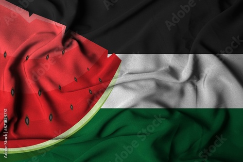 Big wavy palestine flag on white background textile fabric. watermelon as a symbol
resistance. selective focus photo