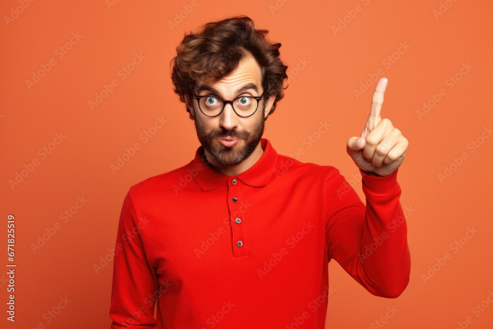 Naklejka premium Portrait of a fictional young guy pointing finger up, colored background.