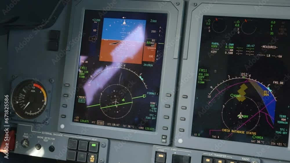 Tracking shot of pilot's main displays and warning system inside private jet cockpit. Hawker 750 demonstrating advanced avionics for luxury passenger aircraft