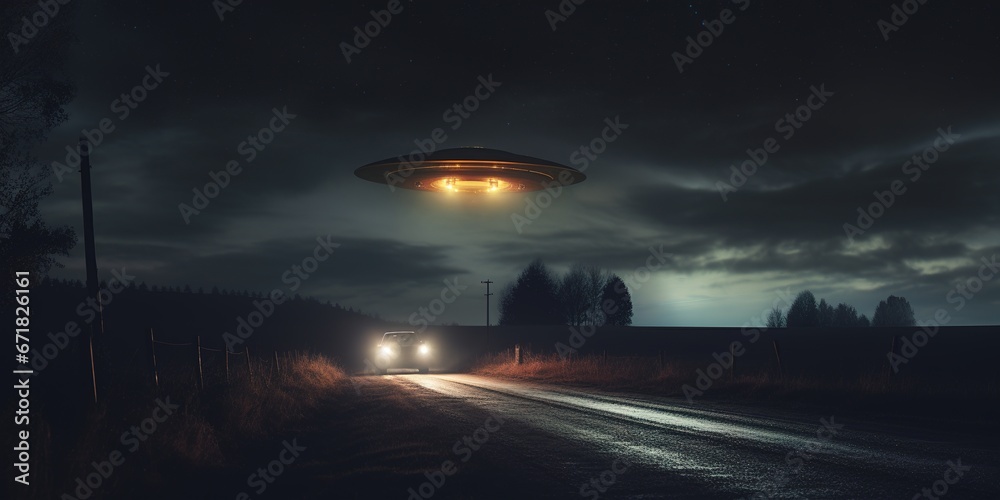 A chilling night scene showcasing an eerie UFO hovering silently over a deserted rural road, its lights casting an ominous glow as it prepares to abduct a lone, stranded car A chilling night scene showcasing an eerie UFO hovering silently over a deserted rural road, its lights casting an ominous glow as it prepares to abduct a lone, stranded car