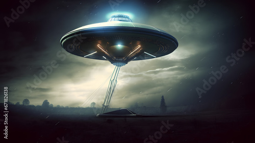 UFO with aliens is landing at night, generative ai