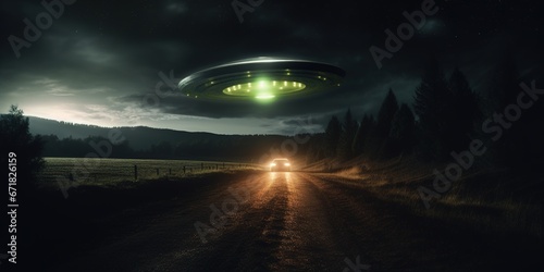 A chilling night scene showcasing an eerie UFO hovering silently over a deserted rural road, its lights casting an ominous glow as it prepares to abduct a lone, stranded car