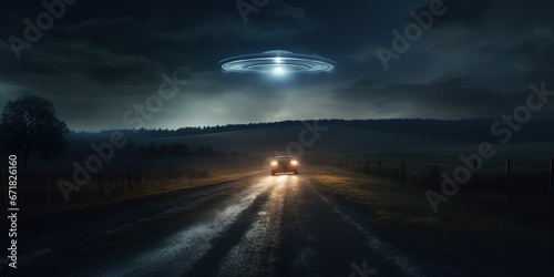 A chilling night scene showcasing an eerie UFO hovering silently over a deserted rural road, its lights casting an ominous glow as it prepares to abduct a lone, stranded car