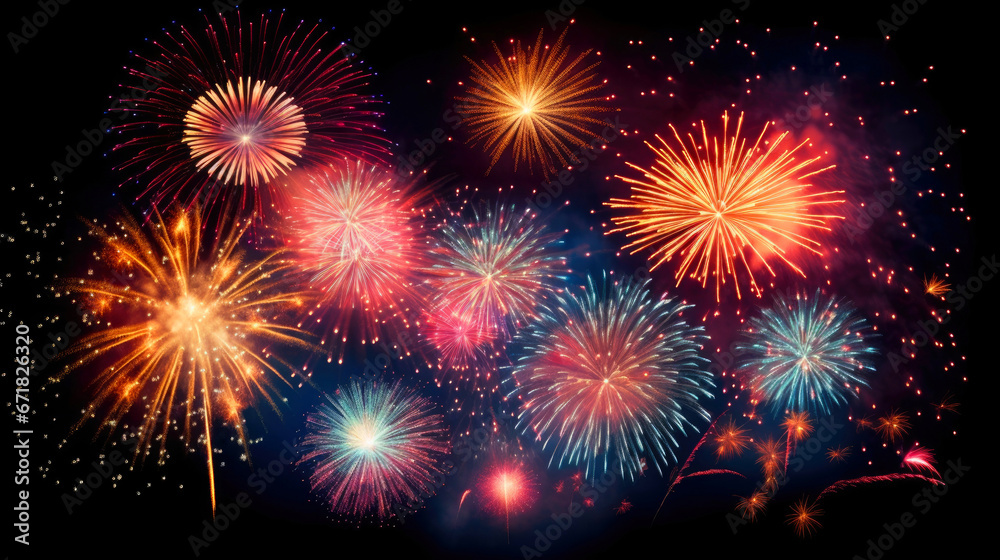 Colorful firework background. New Year celebration background. Generative ai