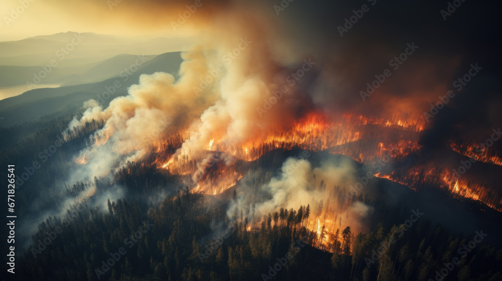 Massive wild forest fire in mountains, aerial view
