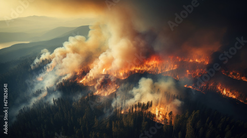 Massive wild forest fire in mountains  aerial view