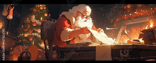 christmas santa Claus reading a christmas list near christmas tree Generative AI