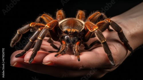 A close-up shot captures a tarantula perched on a man's hand.