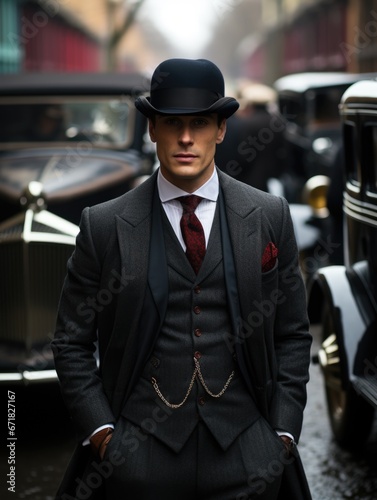 A man in a stylish jacket, old fashion style, cloak. Dramatic dark scene, silhouette of a man, rain, darkness. Secret agent, mafia, crime, detective