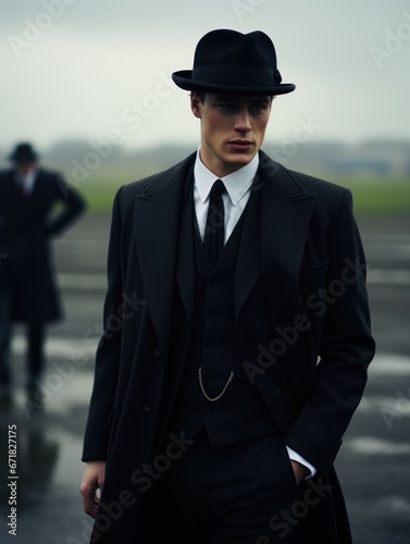 A man in a stylish jacket, old fashion style, cloak. Dramatic dark scene, silhouette of a man, rain, darkness. Secret agent, mafia, crime, detective © Gizmo