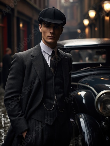 Silhouette of a man in a stylish jacket, old fashion style of the 20th century. Dramatic dark scene, silhouette of a man, rain, darkness. Secret agent, mafia, crime, detective © Gizmo