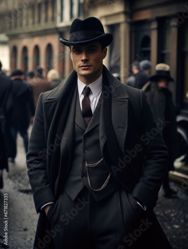 Silhouette of a man in a stylish jacket, old fashion style of the 20th century. Dramatic dark scene, silhouette of a man, rain, darkness. Secret agent, mafia, crime, detective © Gizmo