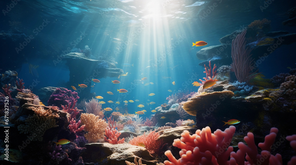 An immersive underwater scene featuring photorealistic Damselfish, in a lively coral ecosystem, varying depth-of-field, magical ambient lighting