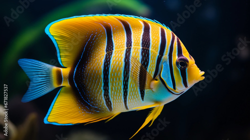 Angel Fish, darting through coral reefs, vivid colors, illuminated by artificial reef lighting, high contrast
