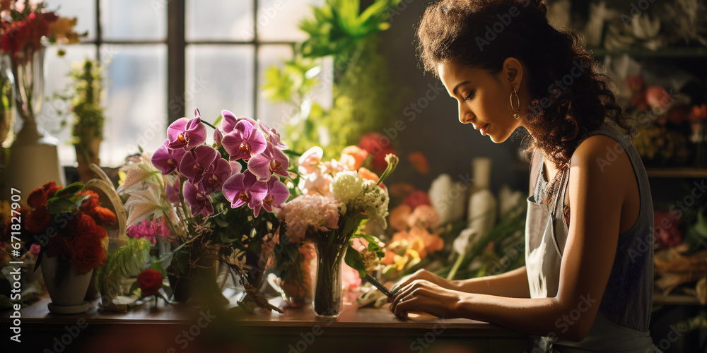 Floral Designer: Florist delicately arranging an exotic bouquet, showcasing a rare orchid, vibrant colors, workspace filled with vases and floral supplies
