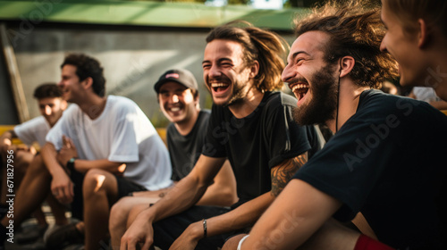 Group of skateboarders chilling, candid laughter, diverse crew, background of skate park ramps and spectators © Marco Attano