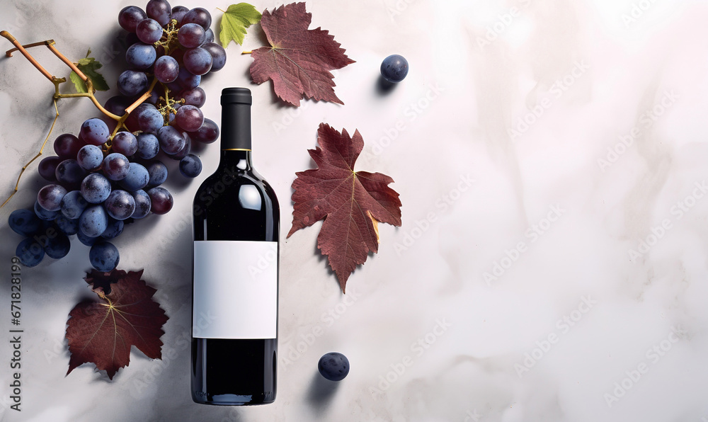 Red wine bottle with grapes over marble flat layout. Top view with copy space for text - obrazy, fototapety, plakaty 
