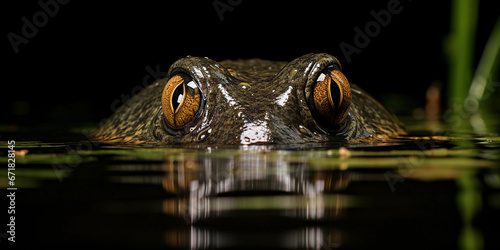 softshell turtle, partially submerged in a pond, reflection on water, eye-level perspective photo