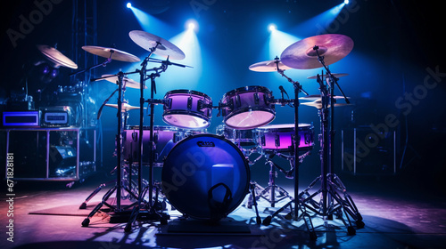 Jazz drum set under neon blue and purple lights, cymbals shimmering, Remo drumheads, stage setup photo