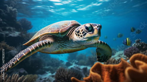 green sea turtle, gracefully swimming among coral reefs, dappled sunlight, piercing blue water