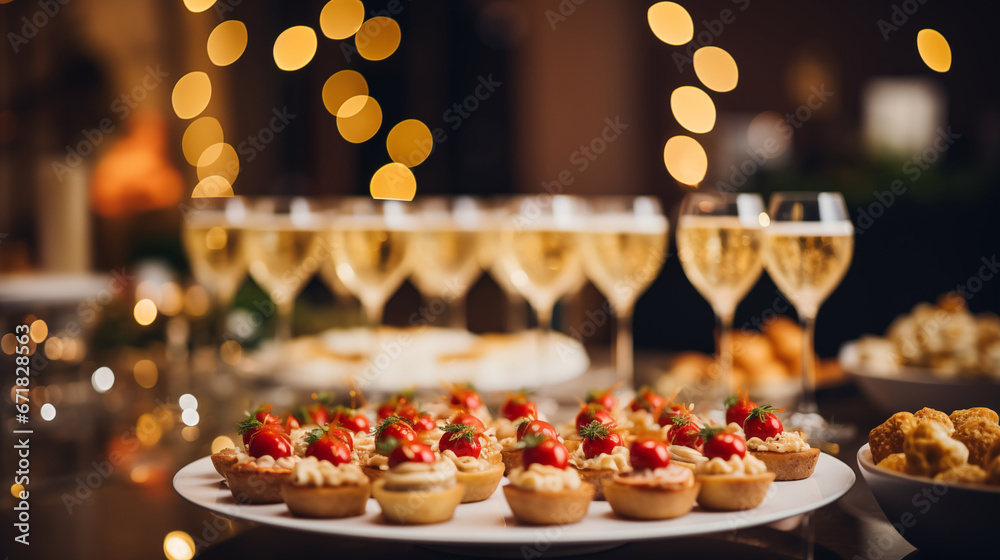Fototapeta premium An array of mini appetizers and canapés for a chic New Year's Eve, Happy New Year dinner, blurred background, with copy space