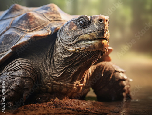 snapping turtle, muddy swamp background, texture emphasized