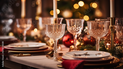 A luxury New Year s Eve dinner set-up with fine china and crystal glassware  Happy New Year dinner  blurred background  with copy space