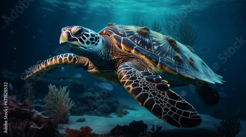 hawksbill turtle, intricate shell patterns, gliding over a shipwreck, ambient underwater lighting