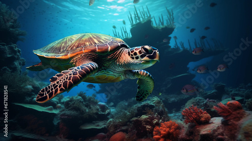 hawksbill turtle, intricate shell patterns, gliding over a shipwreck, ambient underwater lighting