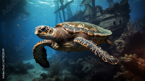 hawksbill turtle, intricate shell patterns, gliding over a shipwreck, ambient underwater lighting