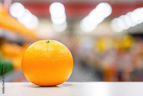 One orange with supermarket corridor as background. Close up shot