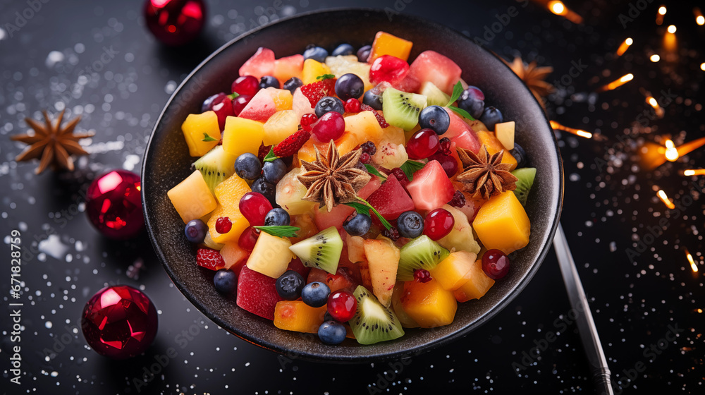 A top view of a colorful fruit salad with New Year's Eve fireworks in the background, Happy New Year dinner, blurred background, with copy space A top view of a colorful fruit salad with New Year's Eve fireworks in the background, Happy New Year dinner, blurred background, with copy space