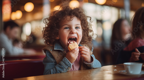A child s excitement as they take their first bite of a New Year s dessert  Happy New Year dinner  blurred background  with copy space