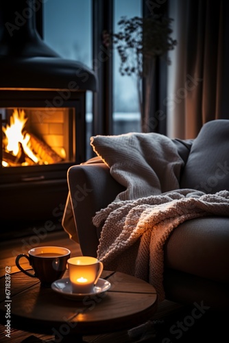 cup of hot coffee or tea on a table near the fireplace