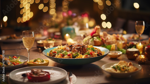 A traditional New Year's dinner from a specific culture, showing off ethnic cuisine, Happy New Year dinner, blurred background, with copy space