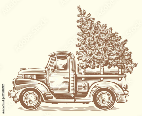 Hand drawn Christmas retro truck with pine tree. Happy holidays, vintage sketch vector illustration