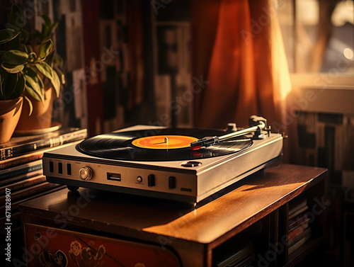 Vintage turntable with vinyl records, retro aesthetic, needle on the record, soft focus