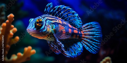 Mandarinfish, glowing in twilight, bioluminescent detailing, swimming over a sandy bottom