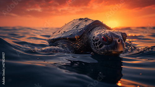 leatherback turtle, floating on ocean surface, sunset reflecting off carapace photo