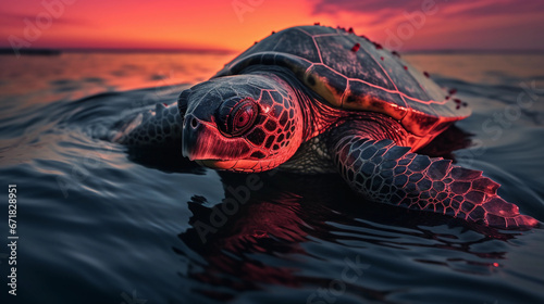 leatherback turtle, floating on ocean surface, sunset reflecting off carapace photo