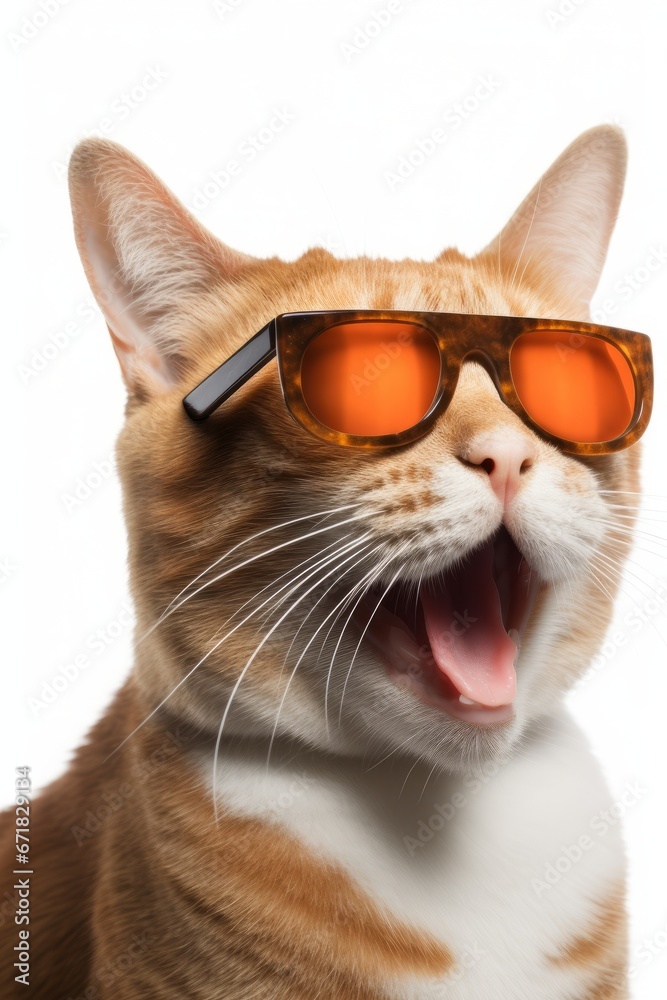 Portrait of happy ginger cat with opening mouth, in orange large sunglasses, on white background Portrait of happy ginger cat with opening mouth, in orange large sunglasses, on white background